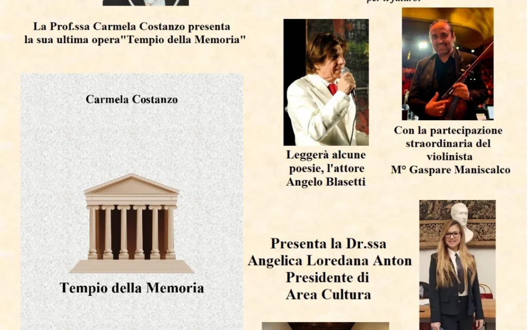 Area Cultura presenta “Tempio della memoria” della Prof. Carmela Costanzo, alla Sala Alessandrina – Roma il 15 marzo alle ore 17,00