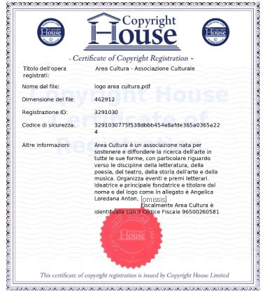 Certificato di registrazione del copyright del logo Area Cultura rilasciato da Copyright House